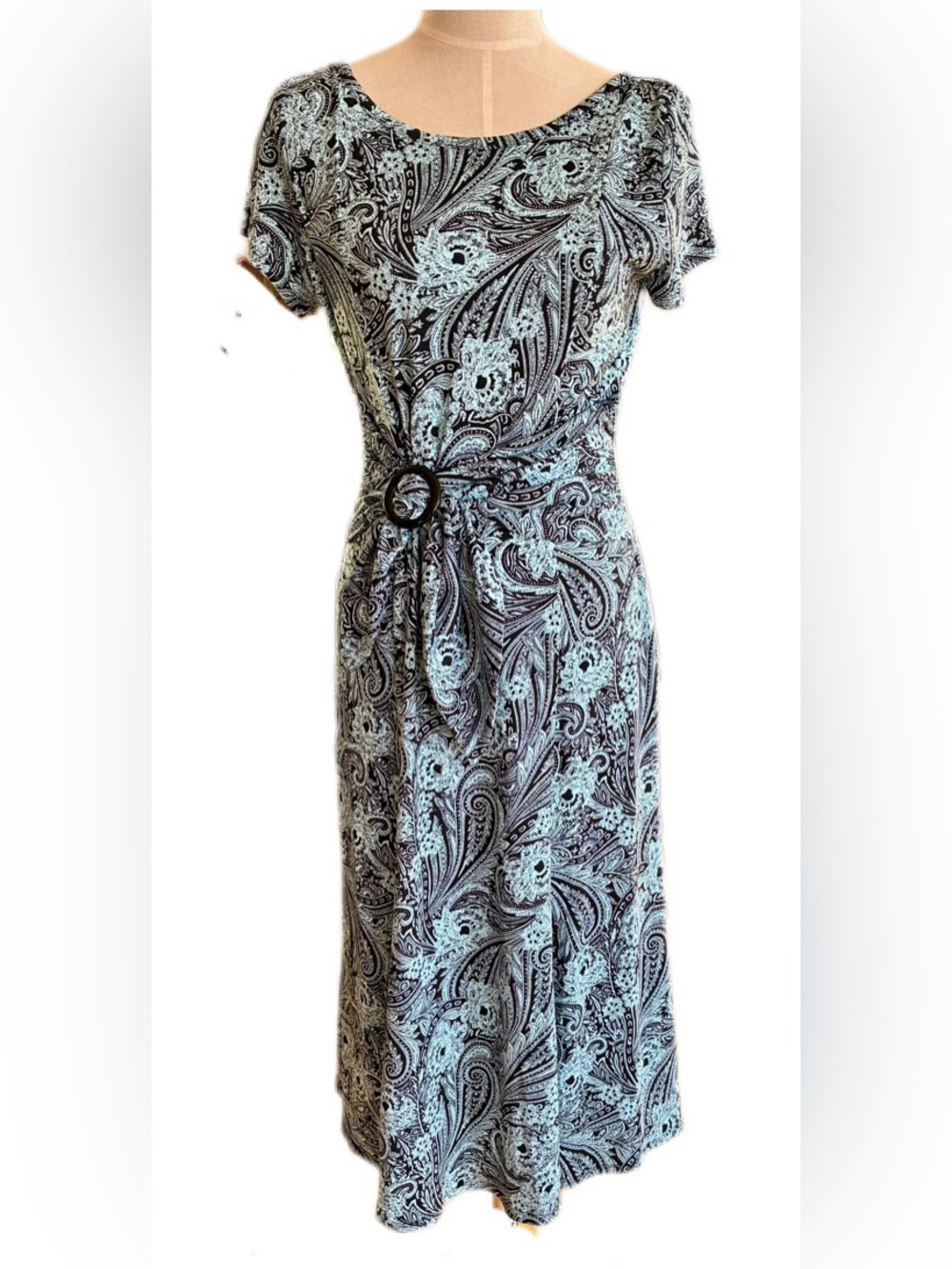 Perceptions New York Paisley Belted Short-Sleeve Midi Dress in Turquoise & Black